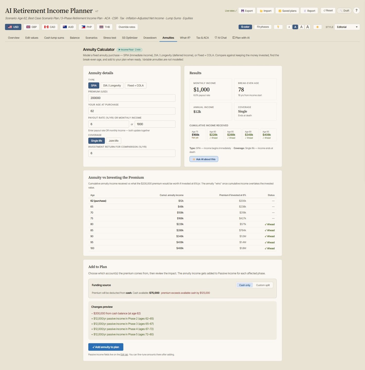 The annuity calculator pricing SPIA, DIA and fixed-plus-COLA options.